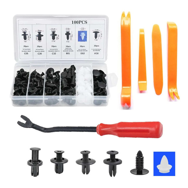 Car Bumper Retainer Clip Plastic Rivets Fasteners Push Retaine Crowbar Tool Kit