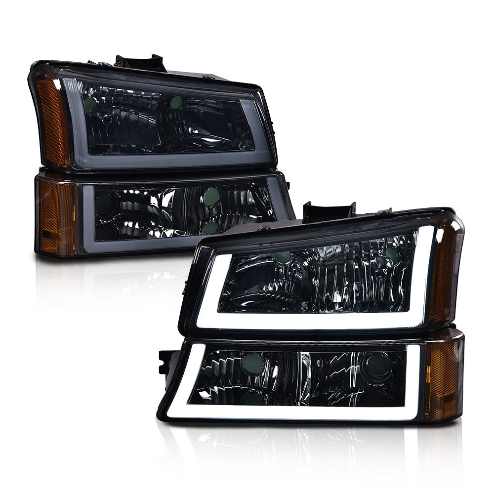 Suitable for 2003-2006 Silverado models. Amber LED DRL headlights + taillights with black housing.