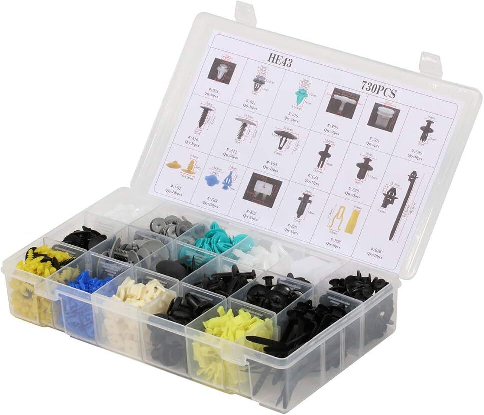 730-piece anti-collision fixing clip kit for car buckles, rivets, and door trim panel clips