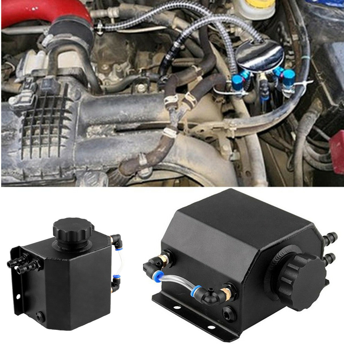 1L Black Aluminum Radiator Coolant Overflow Bottle Recovery Tank Reservoir Kit