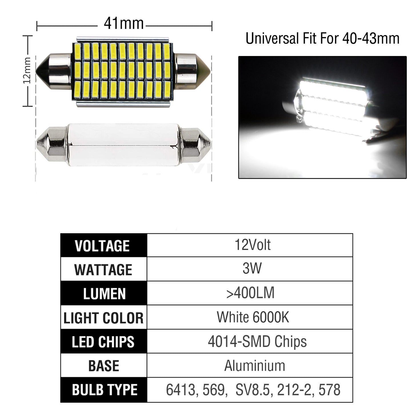 2X White 41MM Festoon LED Interior Car Light License Lights bulb 40MM 42MM