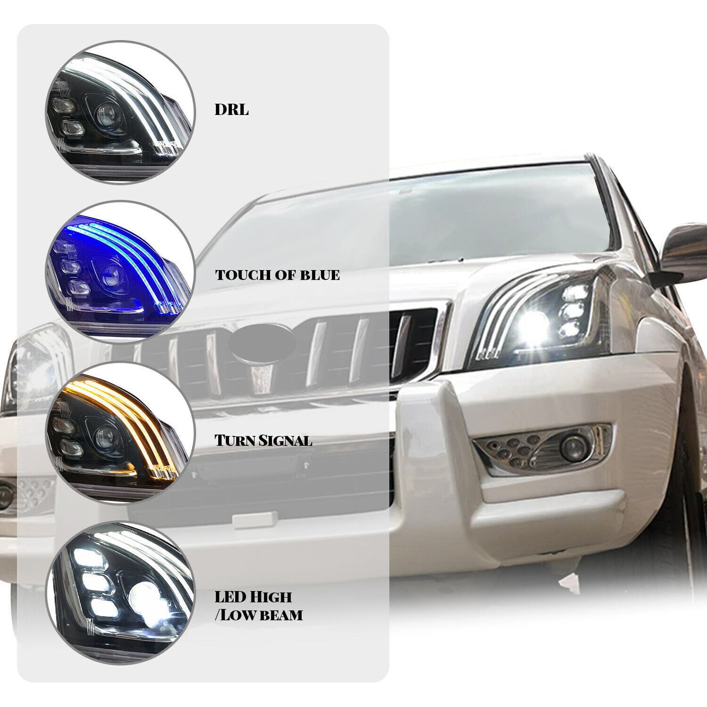 A pair of LED headlight assemblies for Toyota for Land Cruiser Prado FJ120 2003-2009.