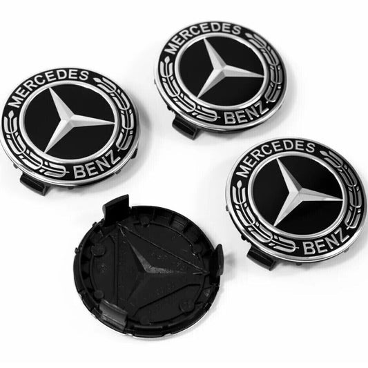 4-piece set: Classic black 75mm rim center hubcaps, AMG rims