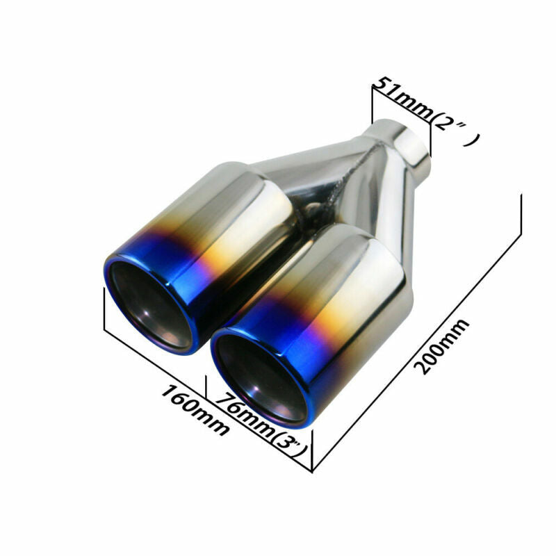 1x 2 ID Universal Welding Double Wall Dual Exhaust Tail Y Pipe Tips 3'' OD Blue