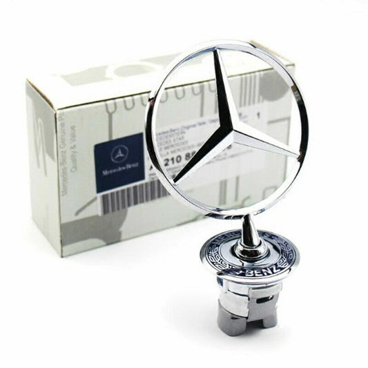 The chrome star-shaped emblem badge is suitable for Mercedes-Benz C-Class, E-Class, and S-Class vehicles.