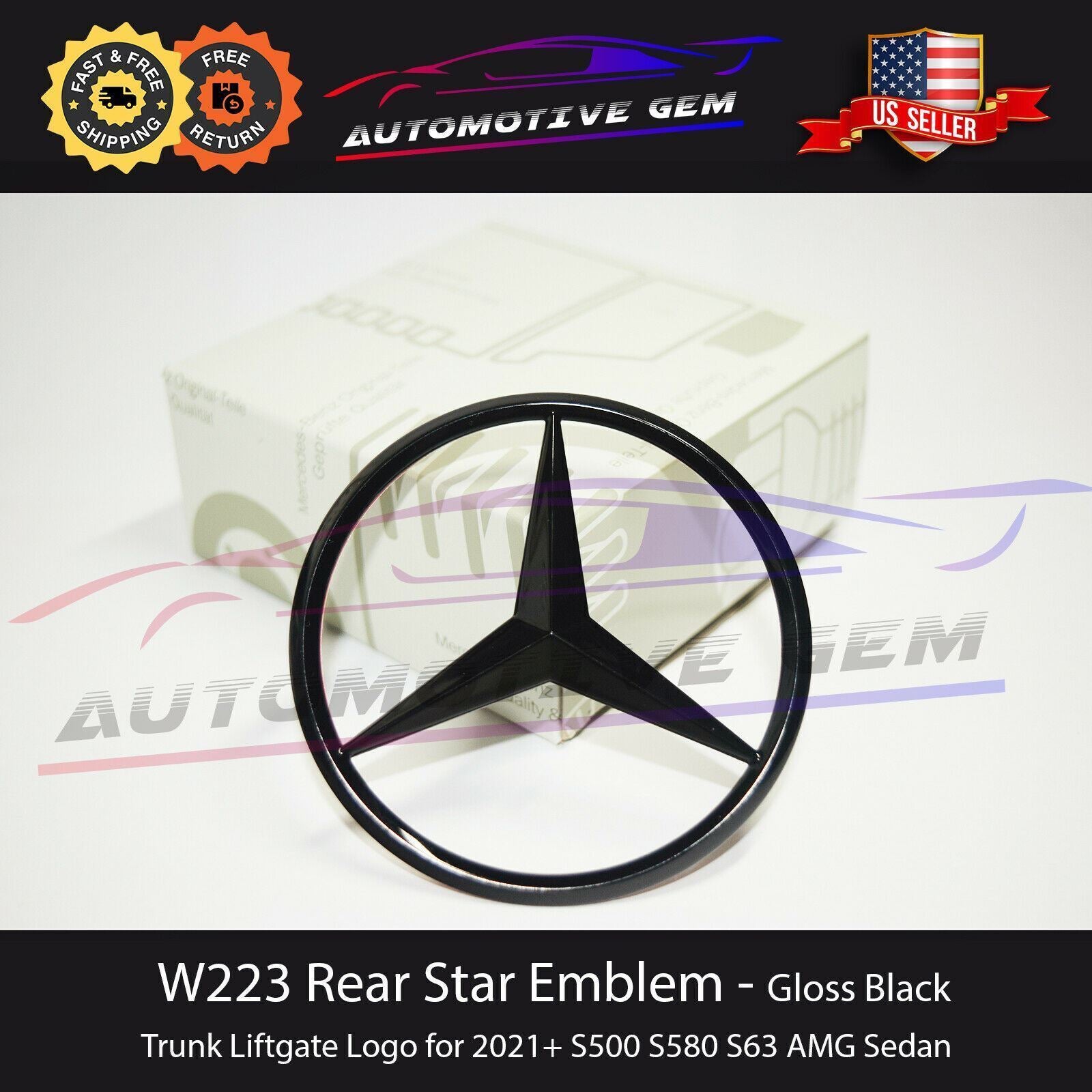 W223 S580 SEDAN AMG Trunk Star Badge, Glossy Black Rear Logo, for Mercedes S500 S63
