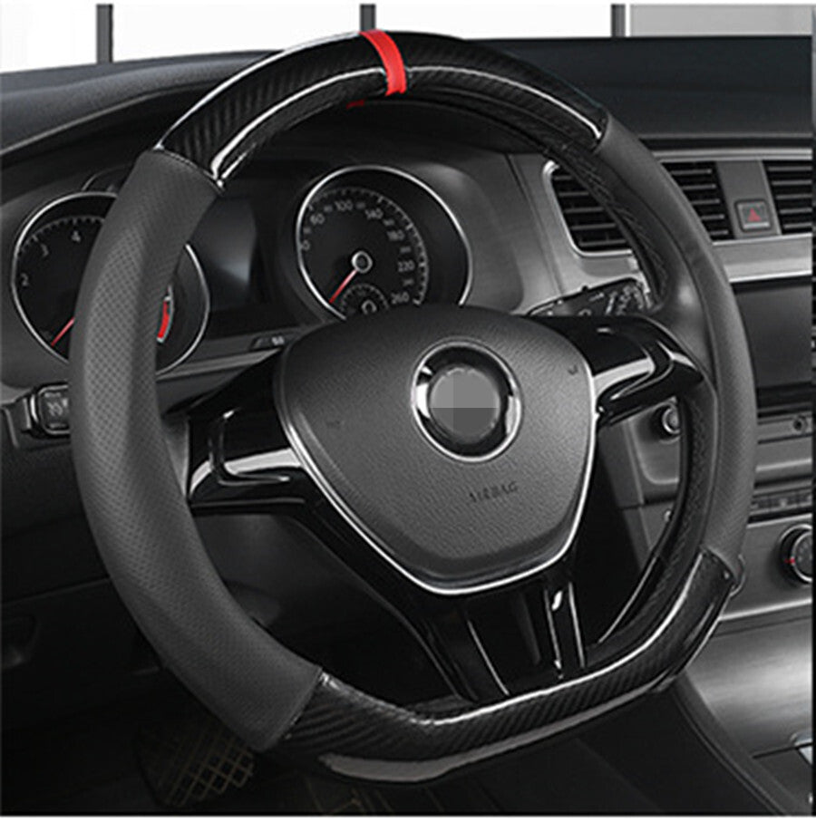 D Shape Car Steering Wheel Cover 38cm Black Leather Carbon Fiber Antiskid