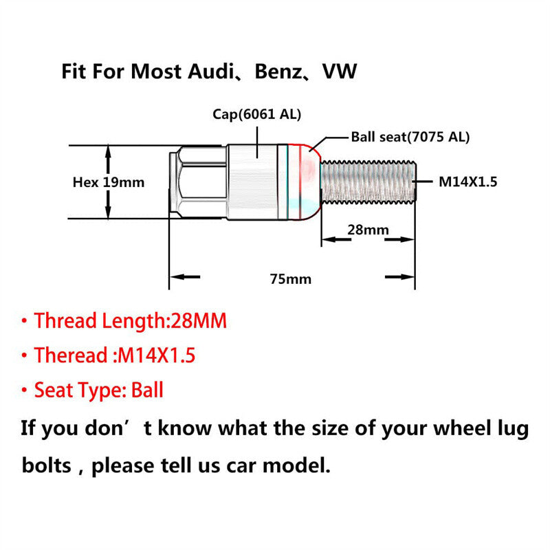 20PCS M14x1.5 Blue Wheel Lug Bolt 28mm Shank Ball for Seat Stud Set for Audi for VW for Benz