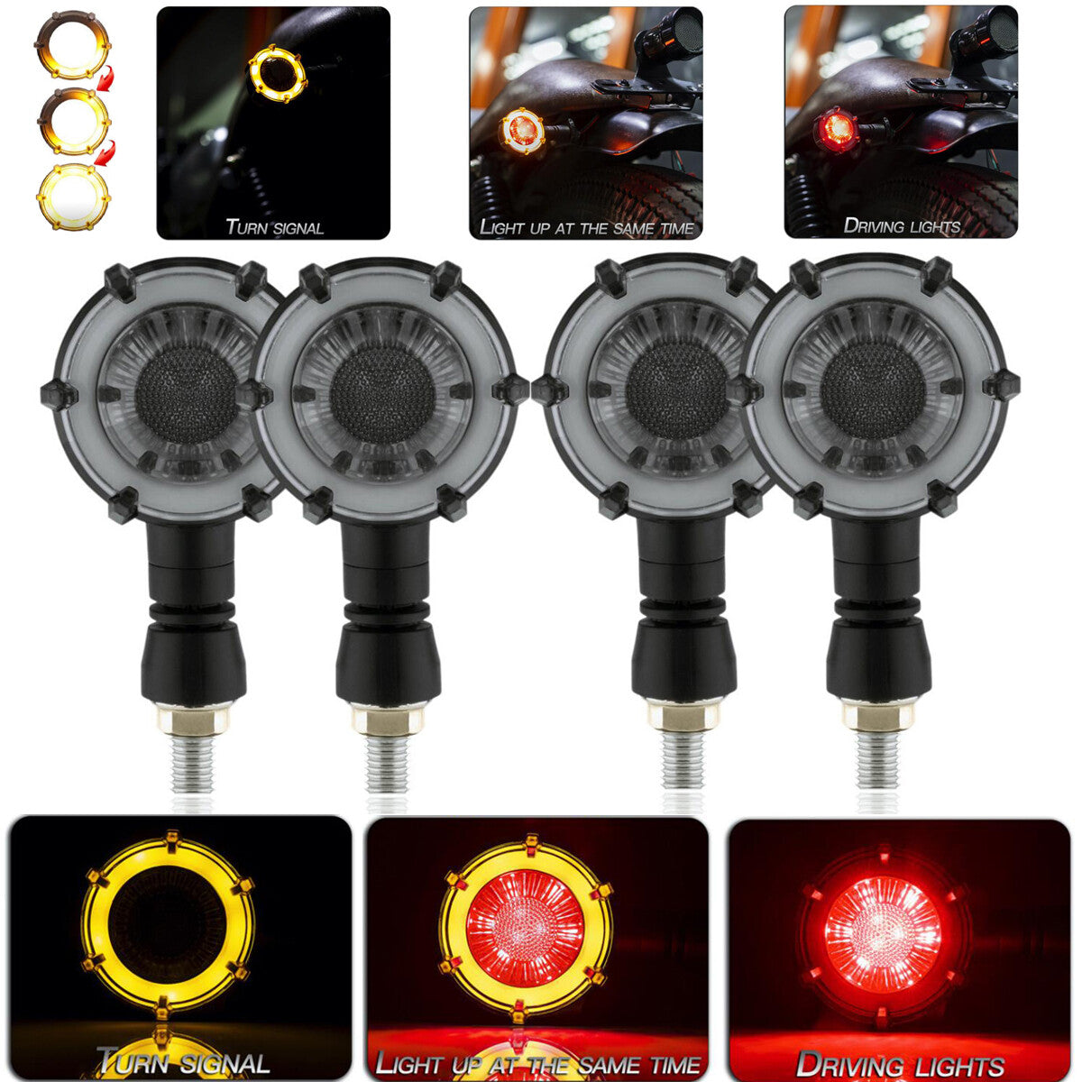 4x Motorcycle LED Brakes, Amber + Red Turn Signal Taillights for Bobber Racer