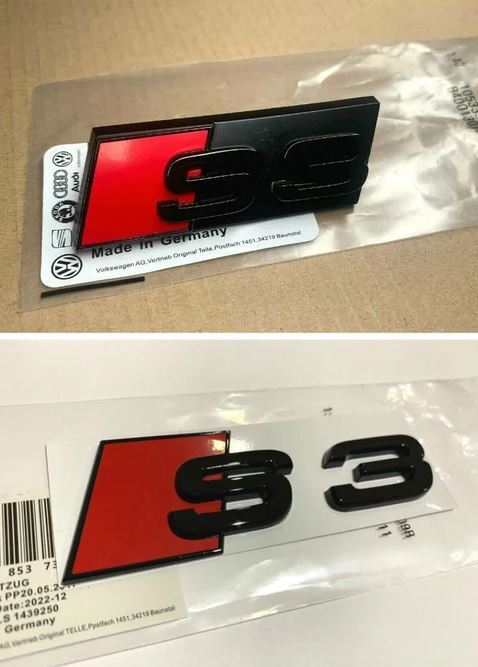 Hooded grille rear badge, front and rear trunk badge decals for Audi S3, glossy black.