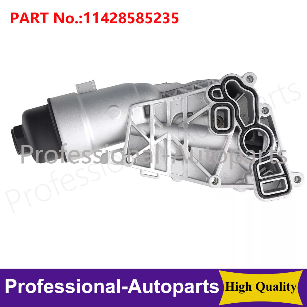Aluminum engine oil cooler filter assembly for BMW i8, X1, X2, and for Mini Cooper (2014-2020)