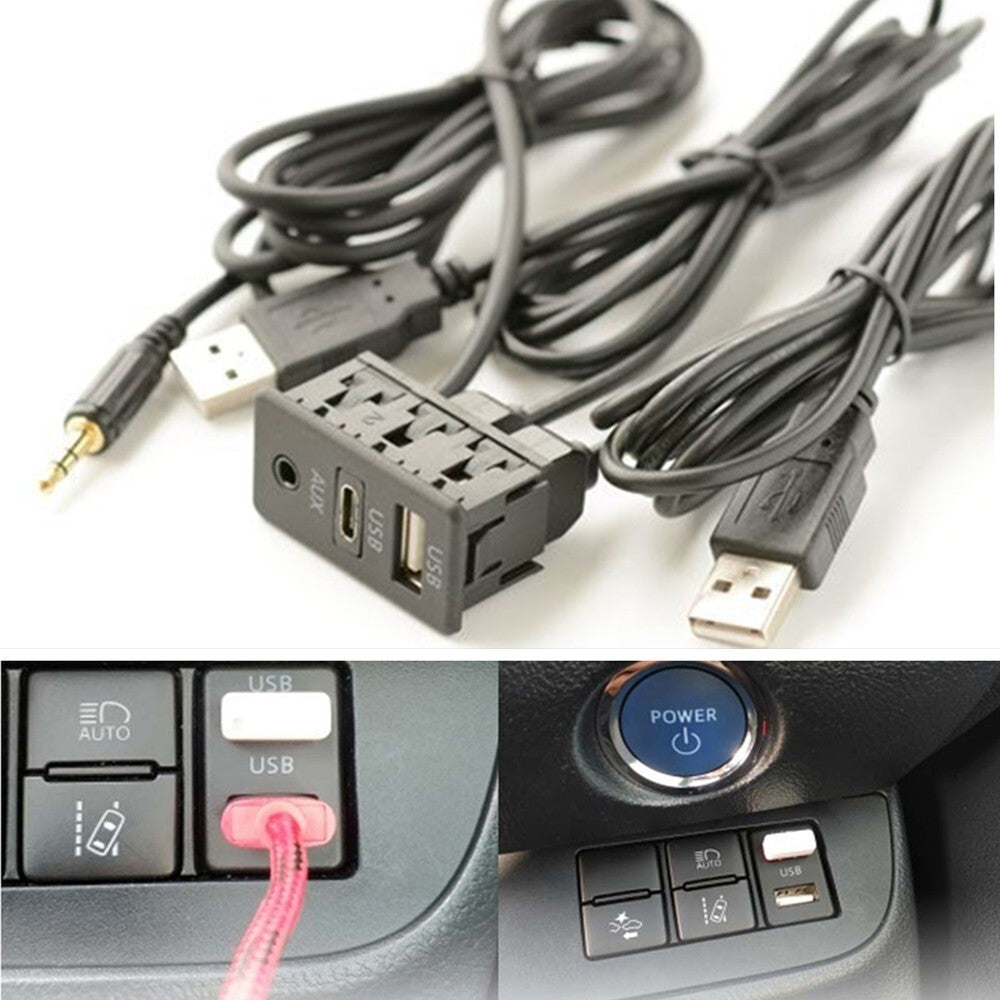 1.5M Car Dash Flush Mount AUX Type C Dual USB Port Panel Extension Cable Adapter