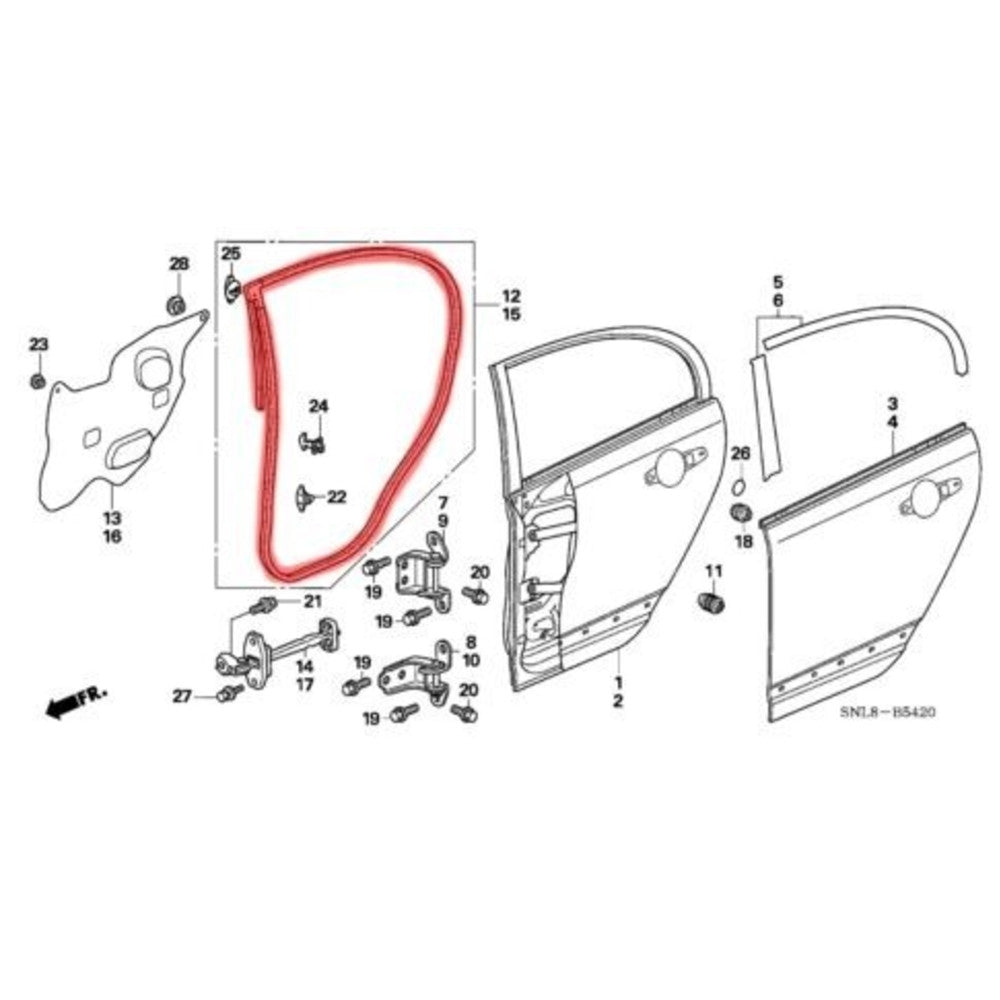 Two rear left and right door sealing rubber strips suitable for 1998-2002 for Honda Accords.