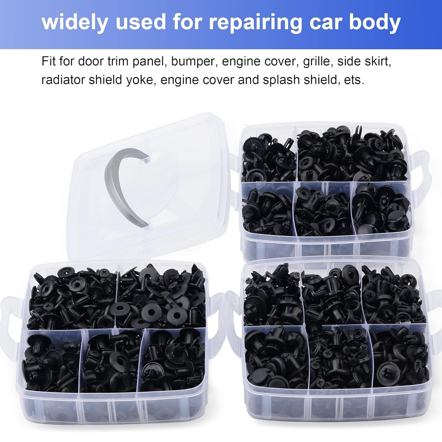 Car bumper mounting clips, plastic rivet clips, and decorative panel/mudguard clips