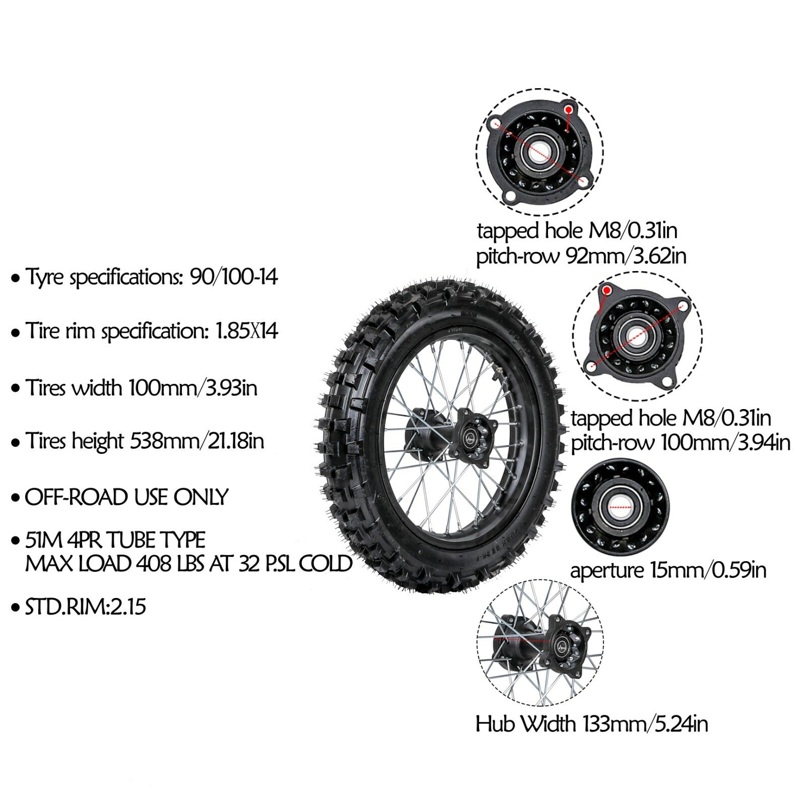 Front 70/100-17 + Rear 90/100-14 tires, wheelset, sprocket, and grooved tires for a 125cc SSR bicycle.