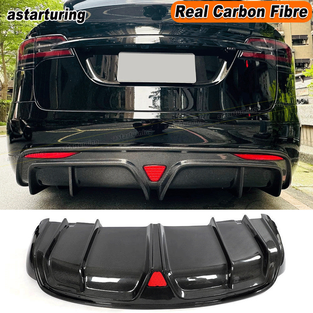 for Tesla Model X Plaid 2022-2024 REAL CARBON Rear Bumper Diffuser Lip W/Light