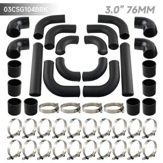 12PCS 3 76mm Universal Turbo Intercooler Pipe Piping+Silicone Hose Kit Black