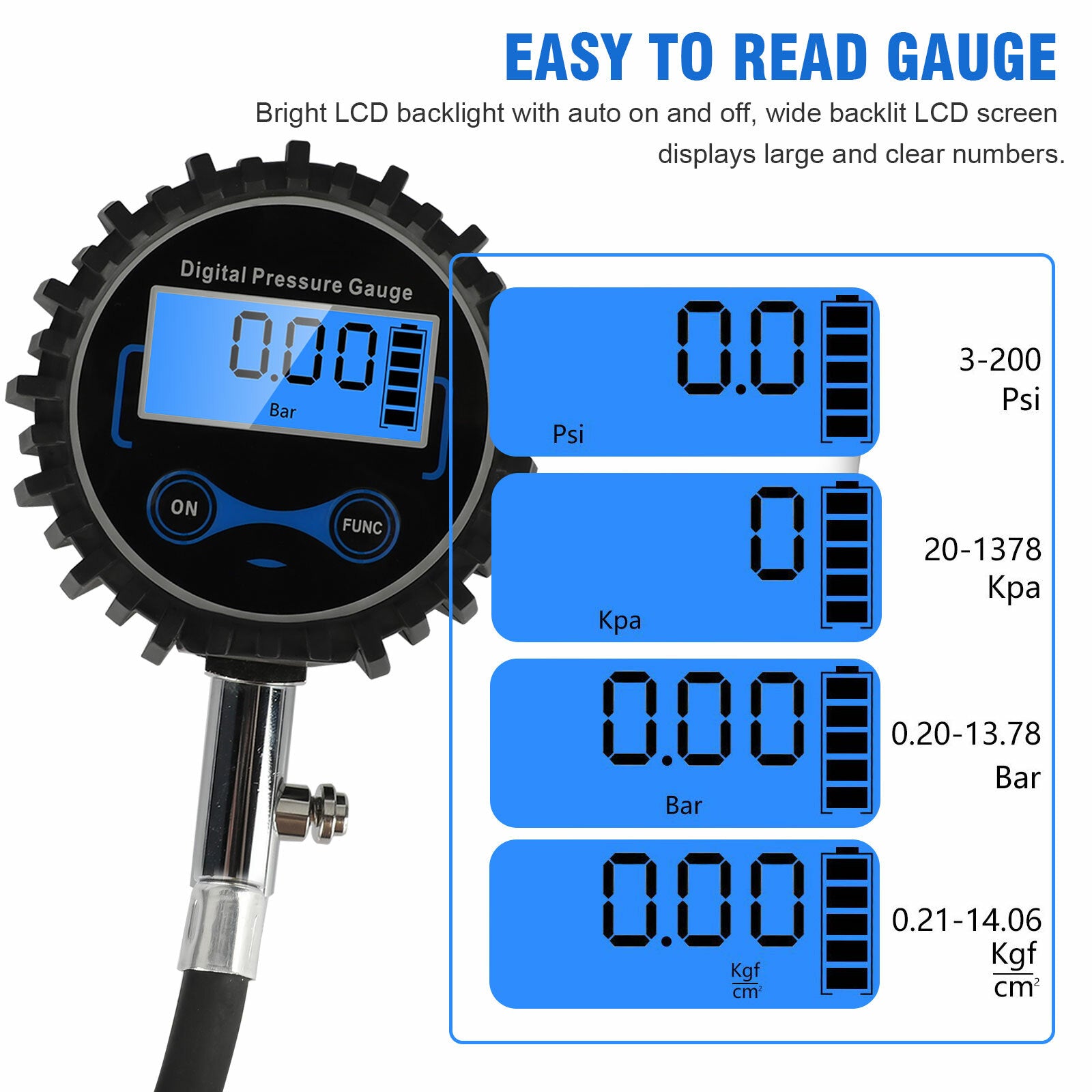 200PSI LCD Digital Tire Inflator Pressure Gauge Tester for Trucks, Cars, and Bicycles