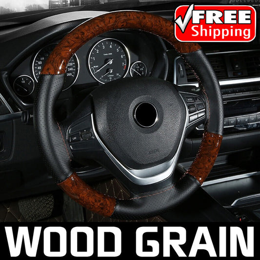 Leather Wood Grain Car Steering Wheel Cover W/ Needles Hand-Stitching 15 inch US