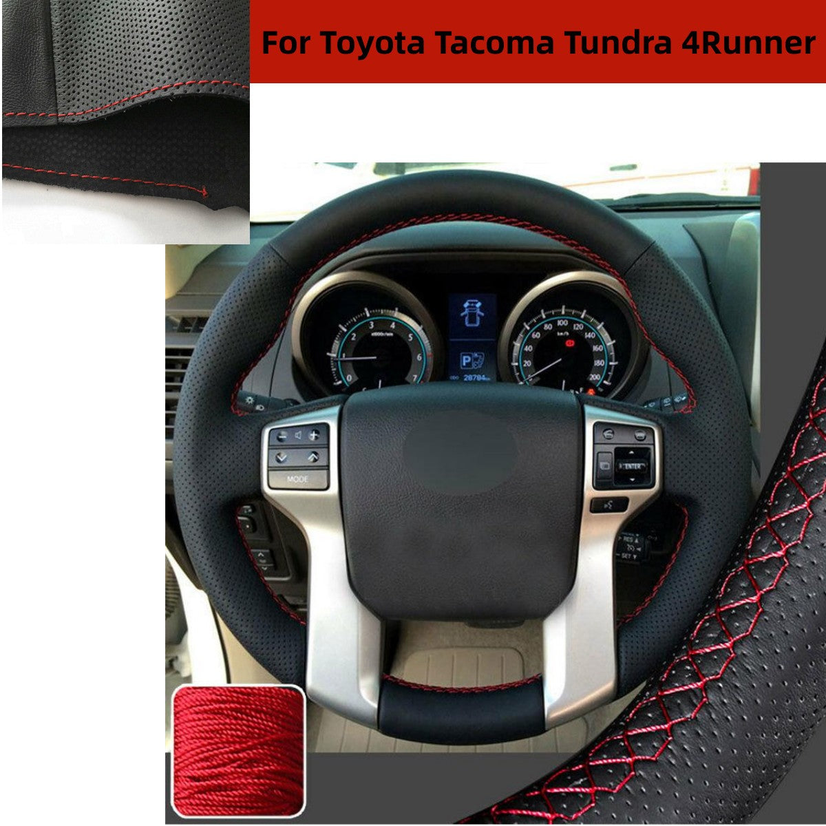 Black Red Prado Steering Wheel Cover Leather for Toyota for 4Runner Tacoma Tundra