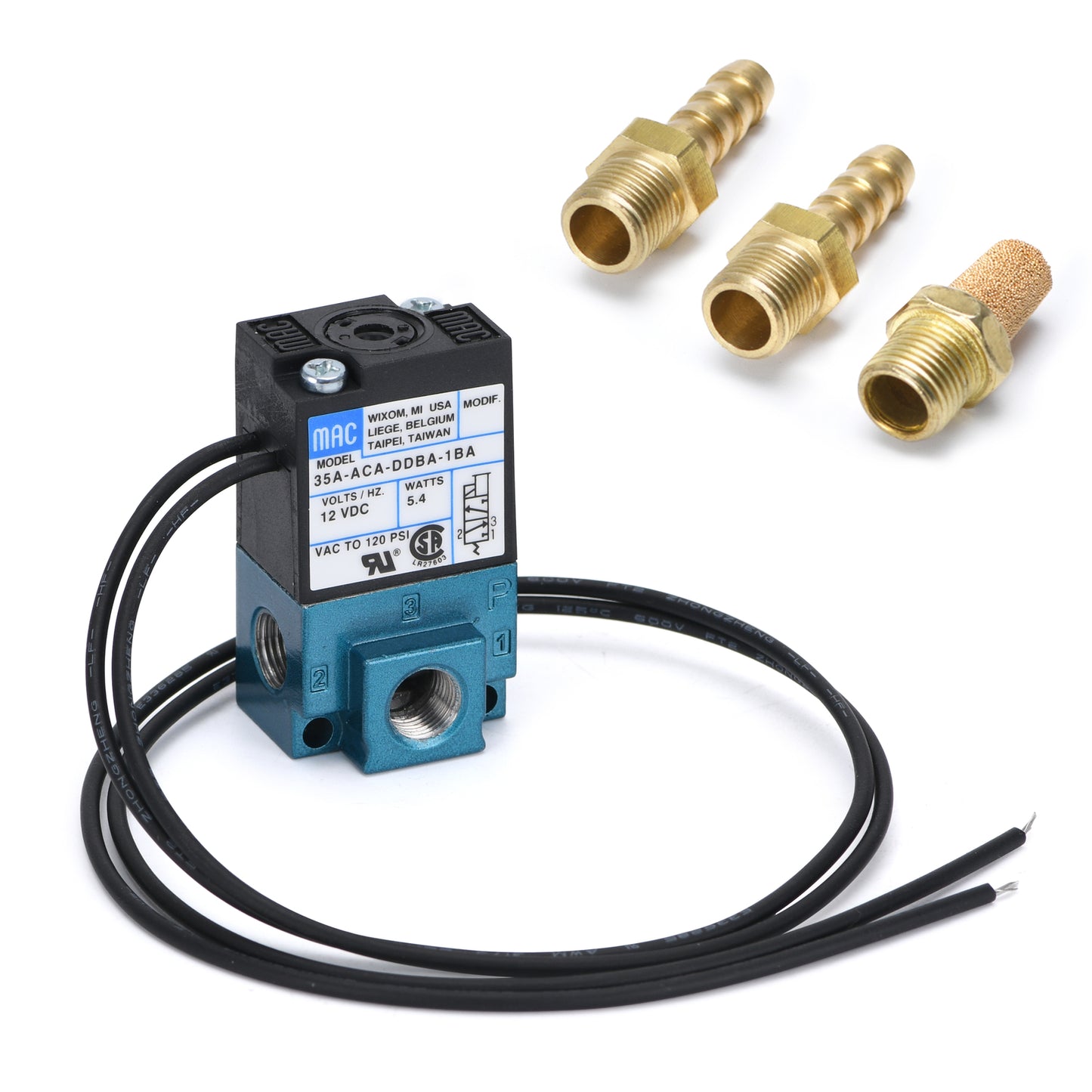 5.4W Electronic Control MAC 3 Port Boost Solenoid Valve + Barbed Brass Fittings