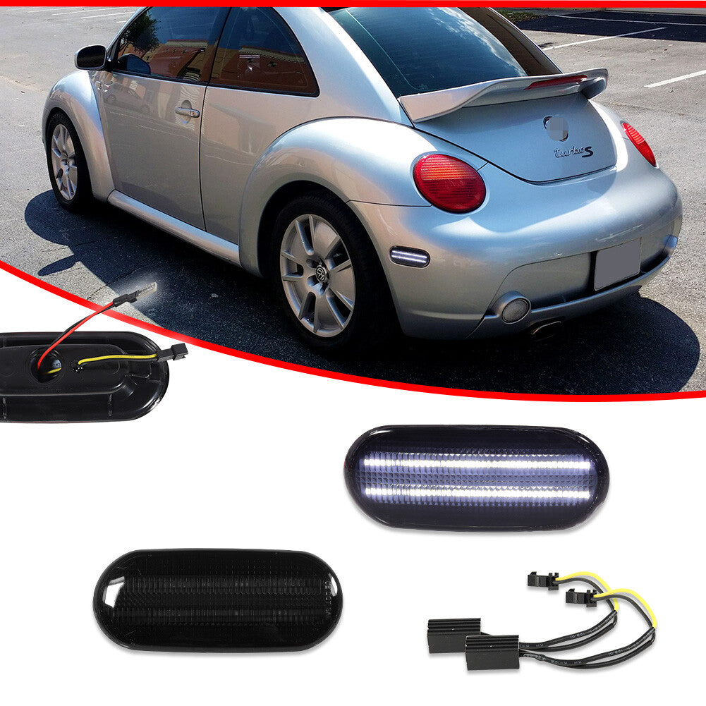 Smoked white LED rear fender side marker lights for 1998-2005 for Volkswagen Beetles.