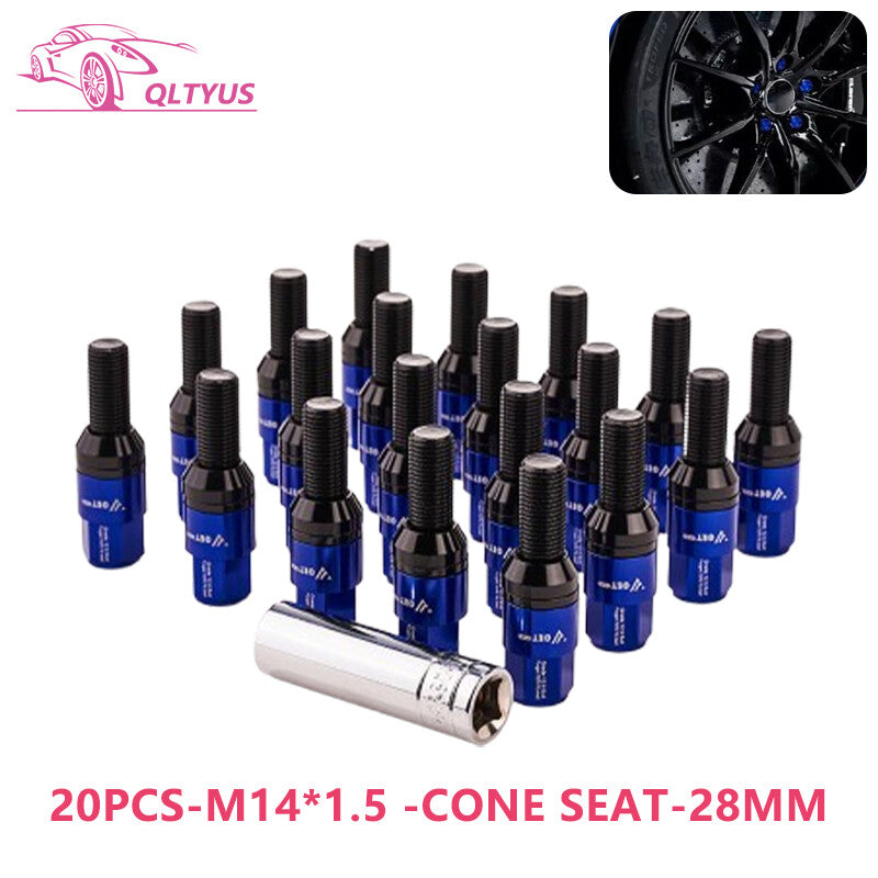20-piece set of 28mm M14x1.5 wheel lug bolts and tapered for seat studs suitable for most aftermarket applications. Blue