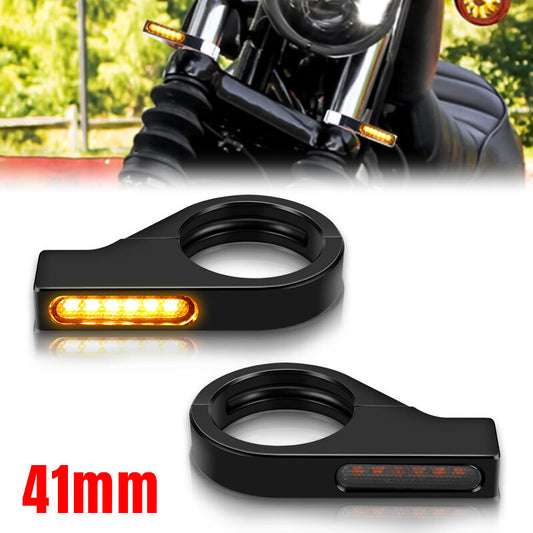 2X Black Motorcycle LED Turn Signals Light 41mm Fork Mount Clamp Blinker Amber