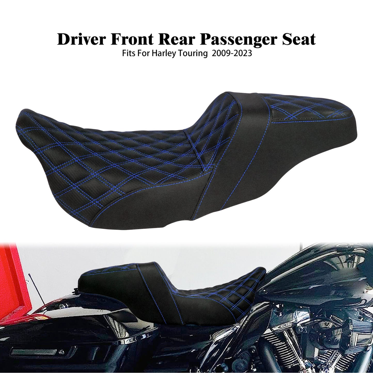 Driver Passenger for Seat Blue Stitching for Harley Touring Road Street Glide 09-23