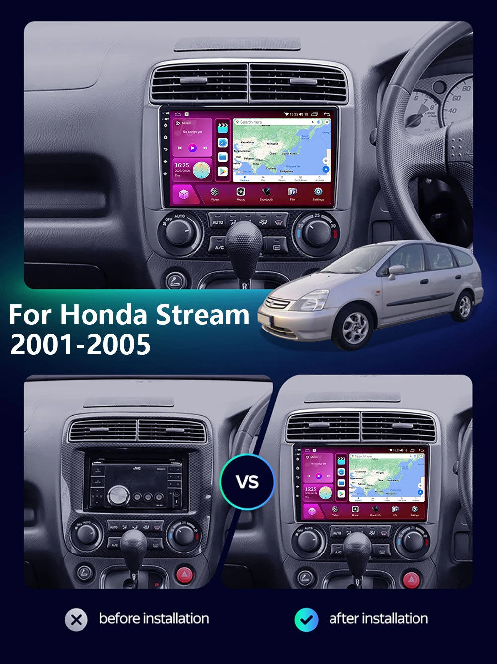 for Honda Stream 2001-2005 Stereo Android CarPlay Car Radio GPS Player Screen