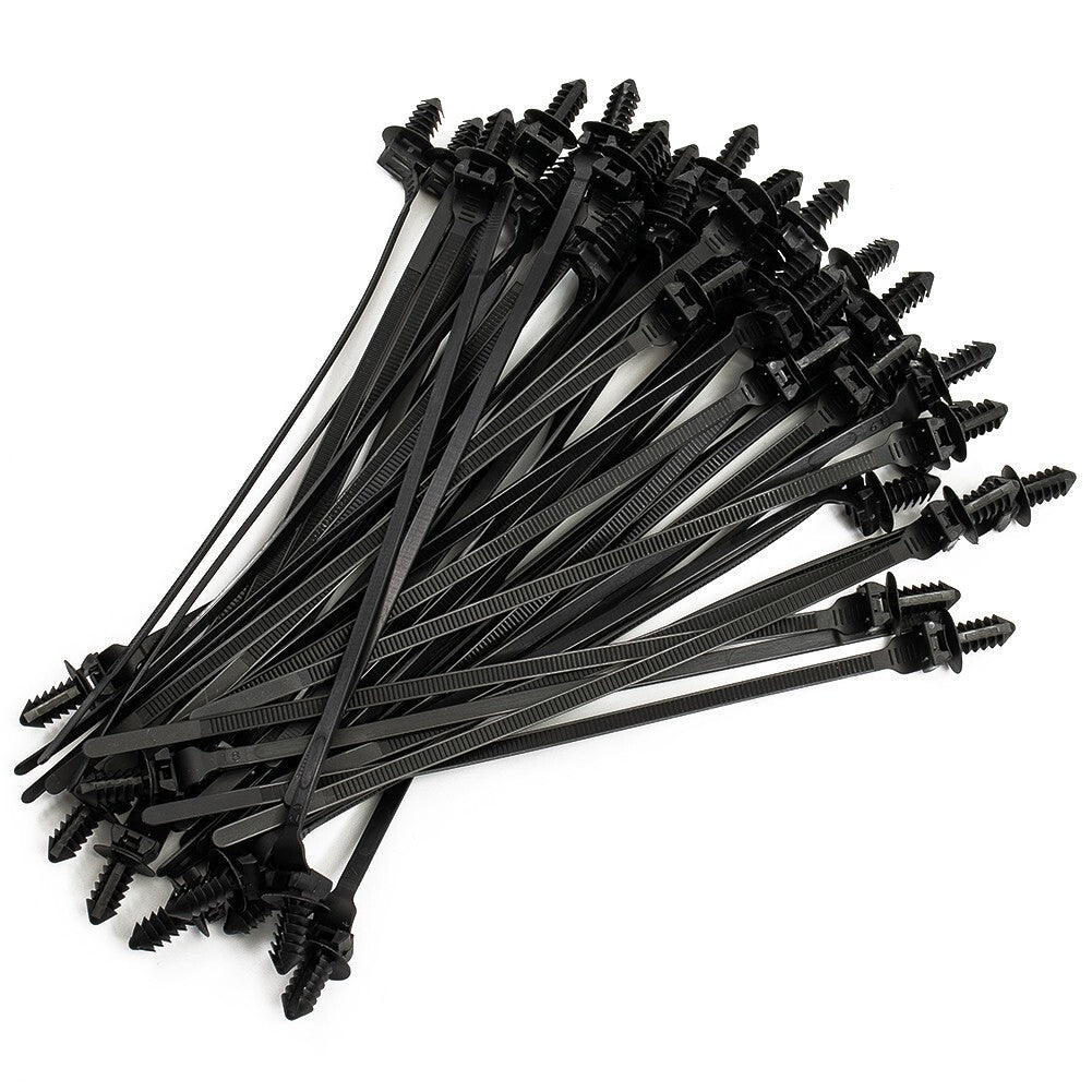 50  Black Nylon Push Clip Wire Tie Zipper Strap Automotive Conduit Cable Fastener Set