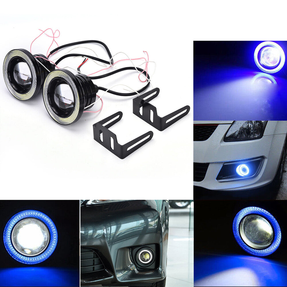 Apply to Projector Lens Fog Driving Light Lamp w/ Blue Angel Eyes COB Halo Ring
